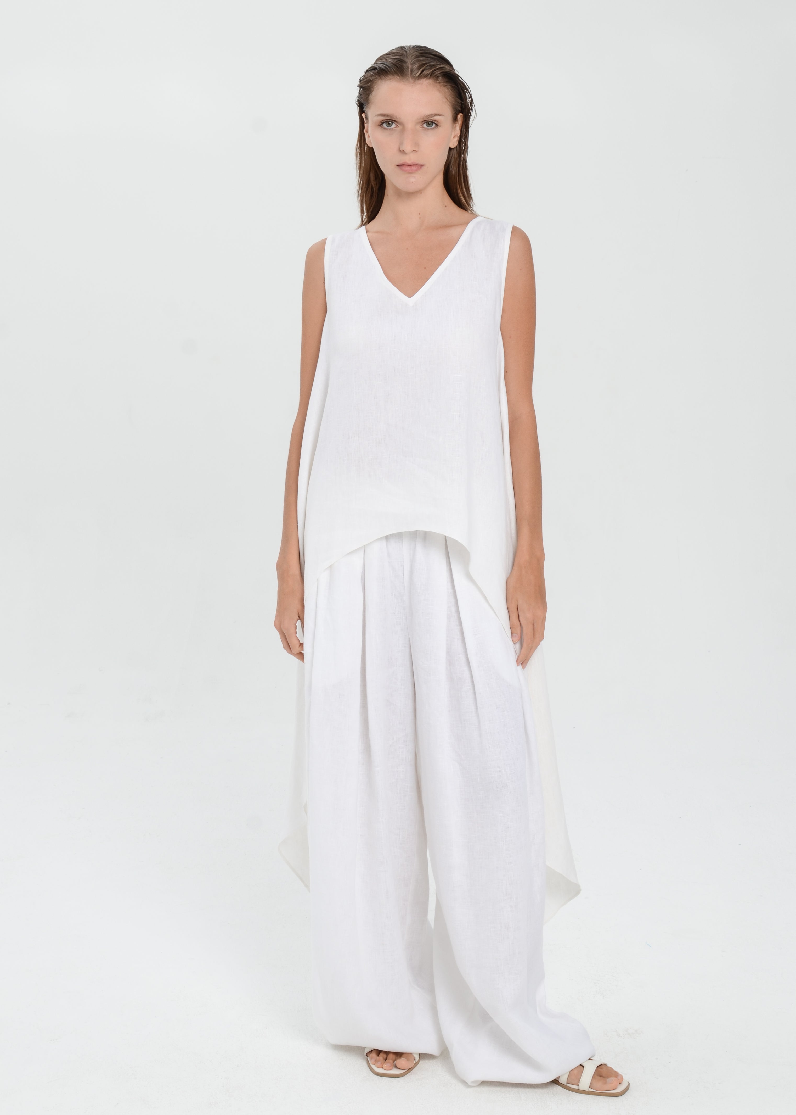 The Essence Linen Top - Hi-Low Dress Top with Split Double Layer Back