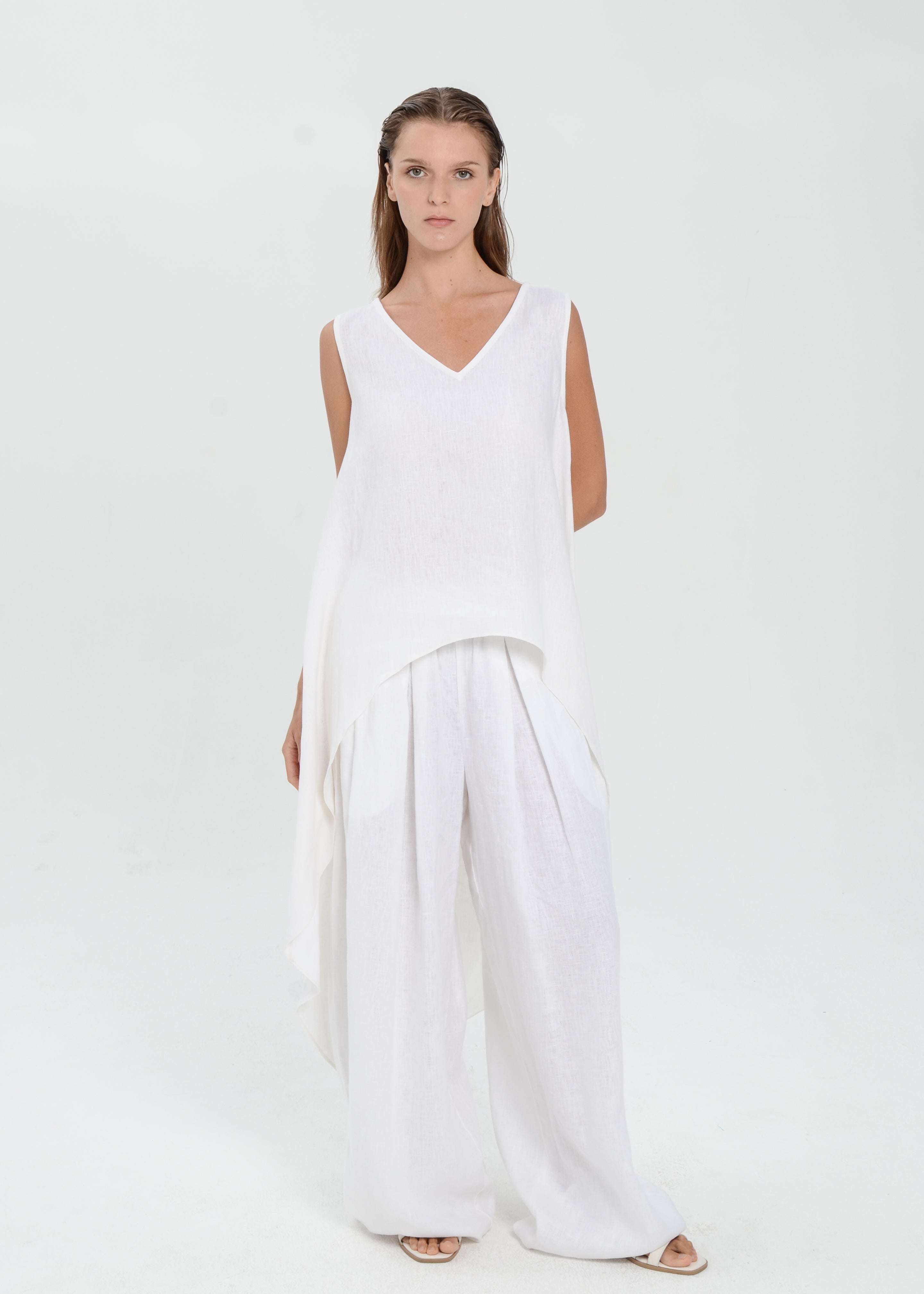 The Essence Linen Top - Hi-Low Dress Top with Split Double Layer Back