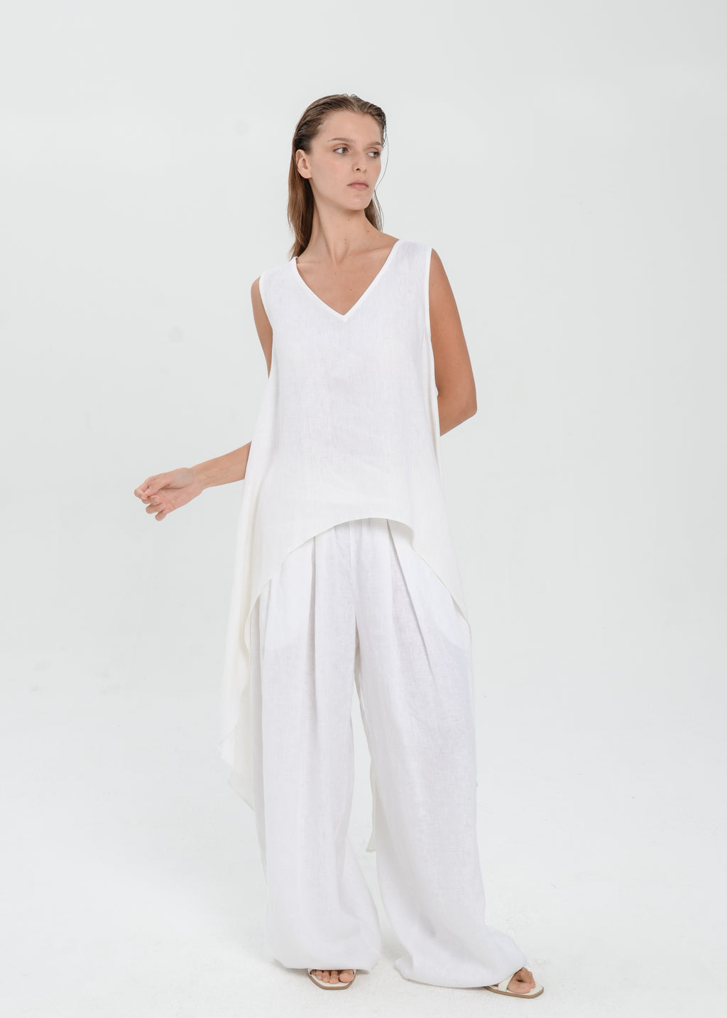 The Essence Linen Top - Hi-Low Dress Top with Split Double Layer Back