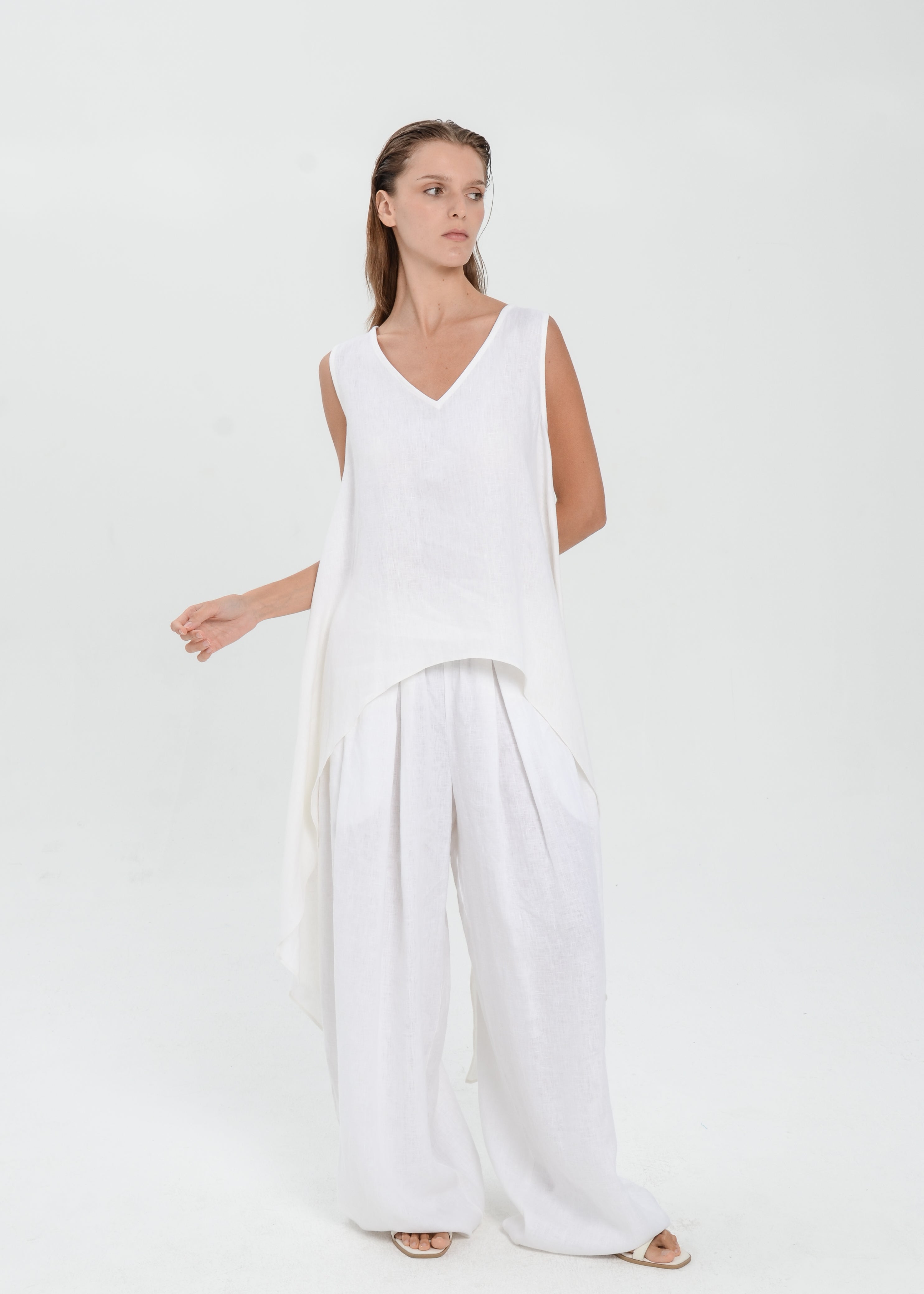 The Essence Linen Top - Hi-Low Dress Top with Split Double Layer Back