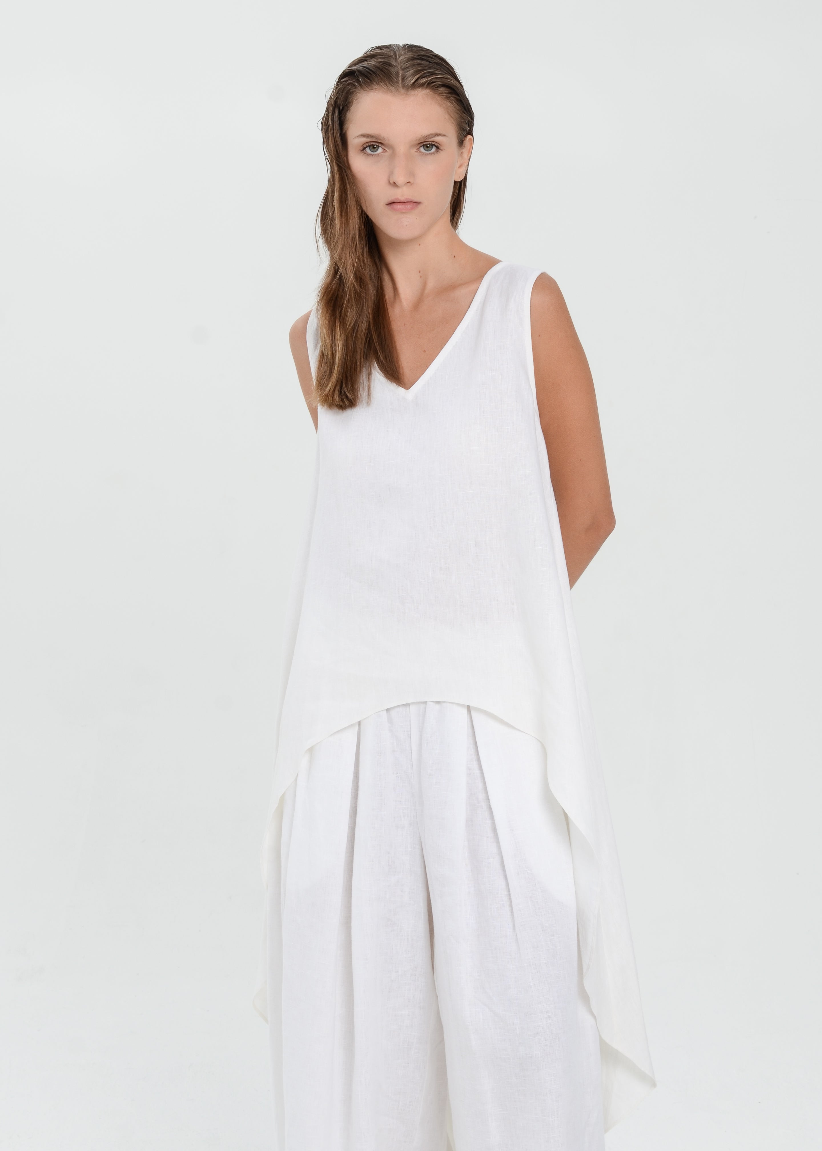 The Essence Linen Top - Hi-Low Dress Top with Split Double Layer Back