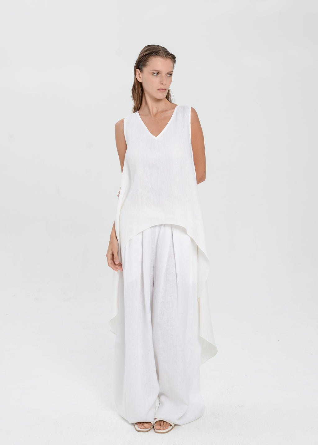 The Essence Linen Top - Hi-Low Dress Top with Split Double Layer Back