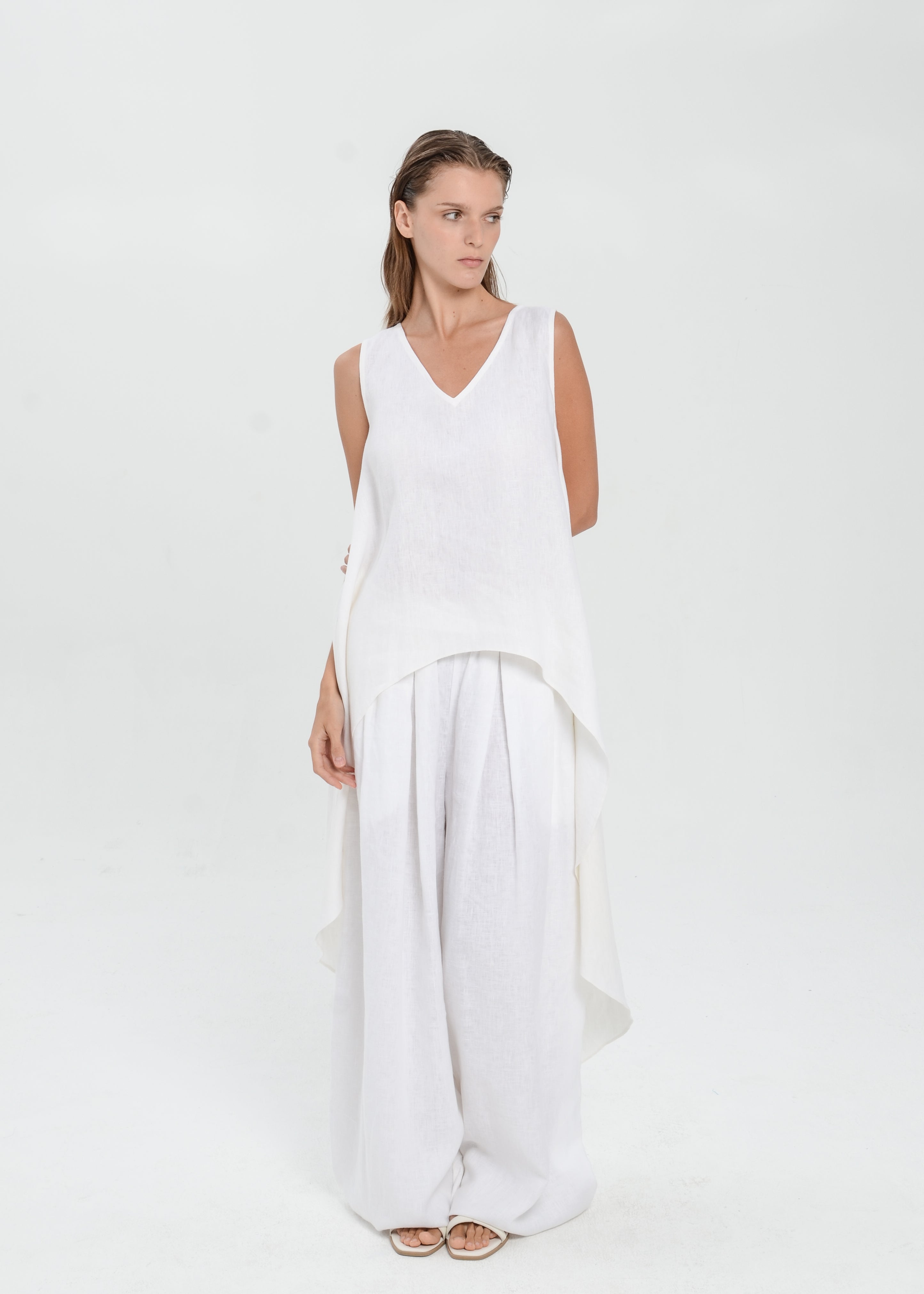 The Essence Linen Top - Hi-Low Dress Top with Split Double Layer Back