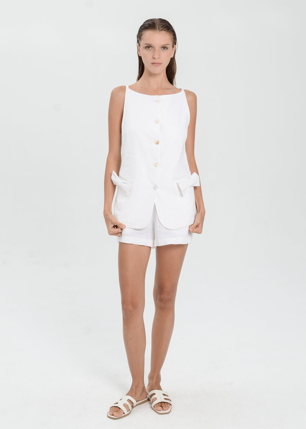 The Essence Linen Set - Mini Short Pants with Ribbon Pocket Vest