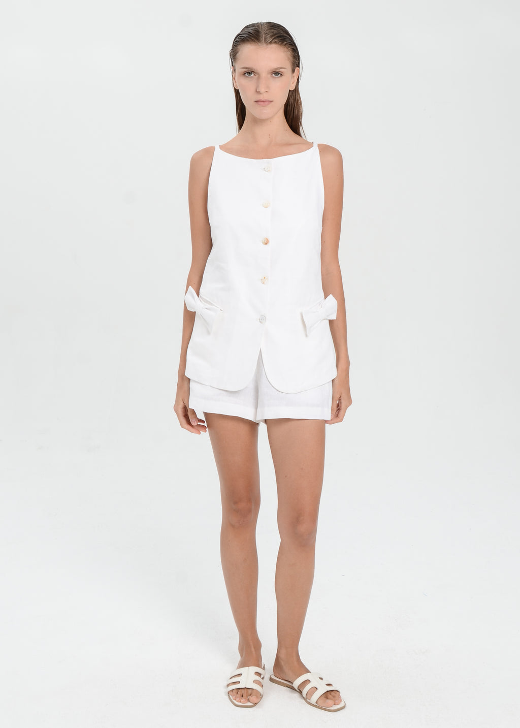 The Essence Linen Set - Mini Short Pants with Ribbon Pocket Vest