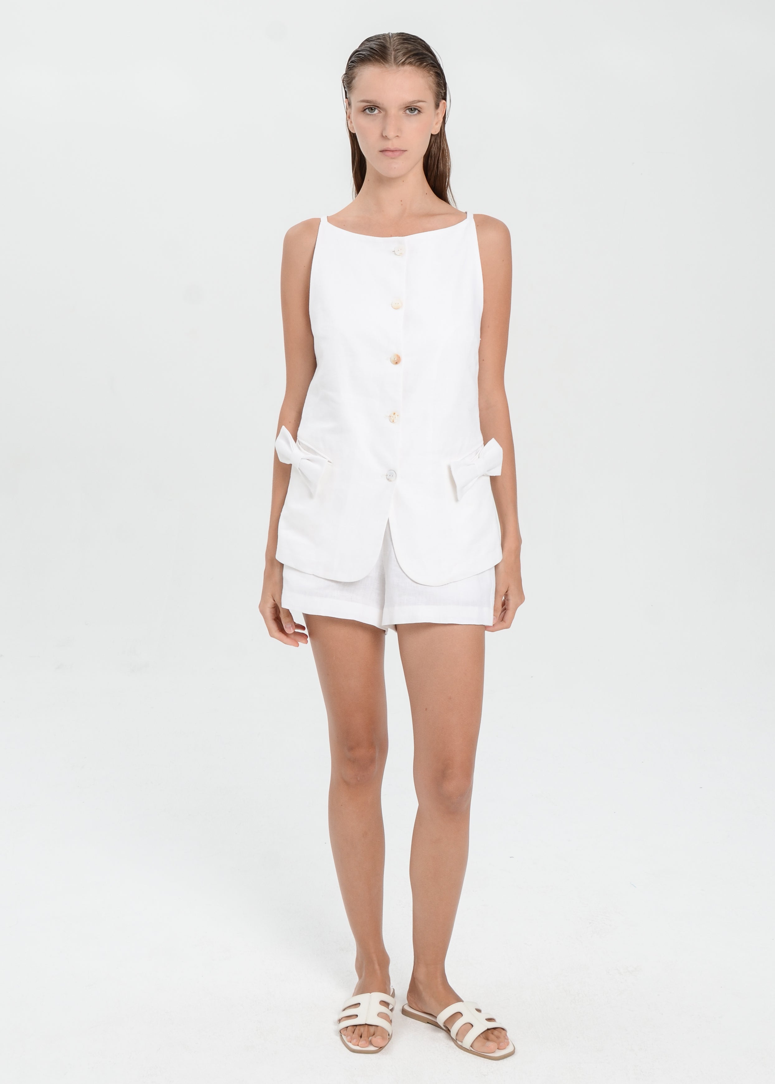 The Essence Linen Set - Mini Short Pants with Ribbon Pocket Vest