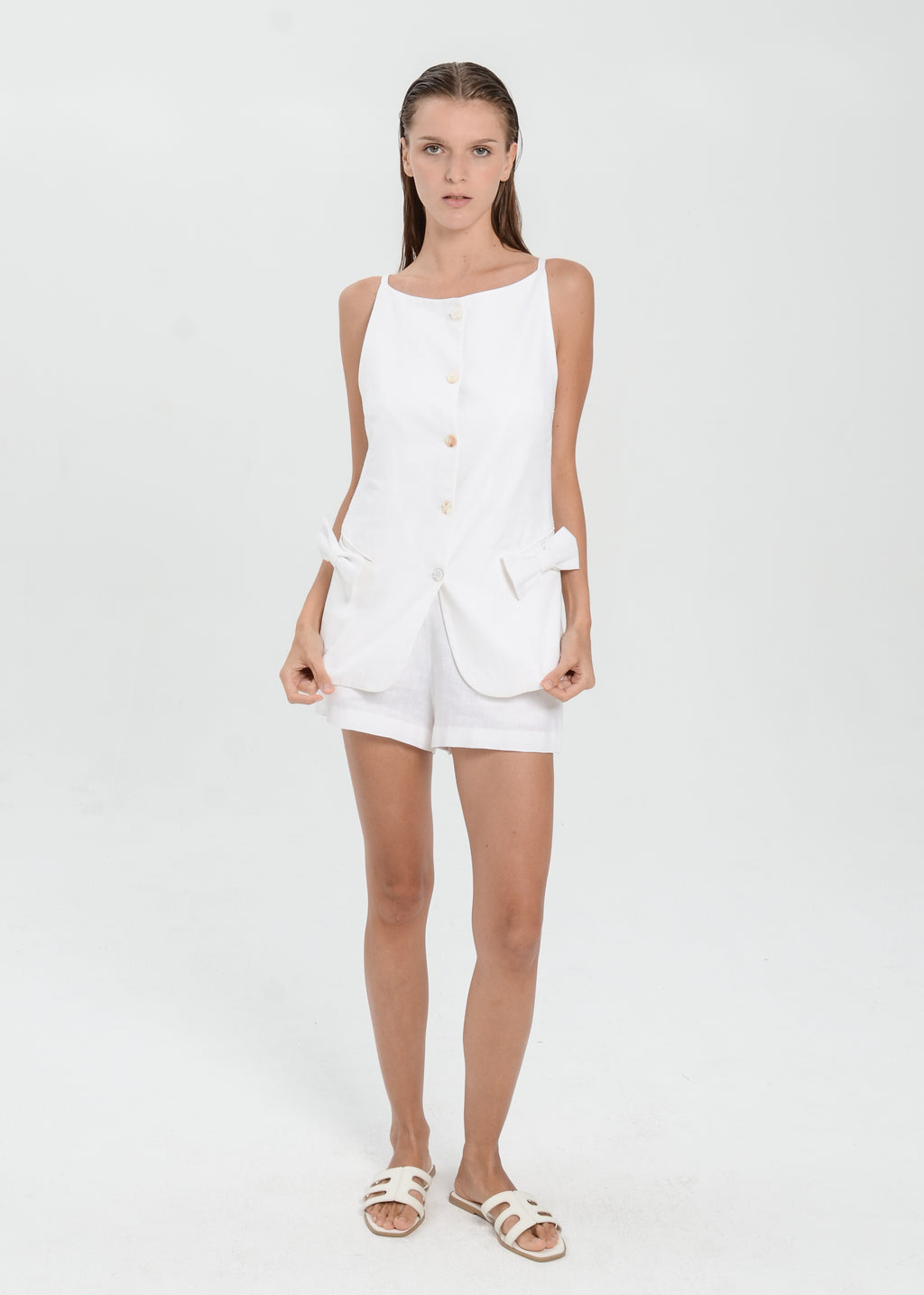 The Essence Linen Set - Mini Short Pants with Ribbon Pocket Vest