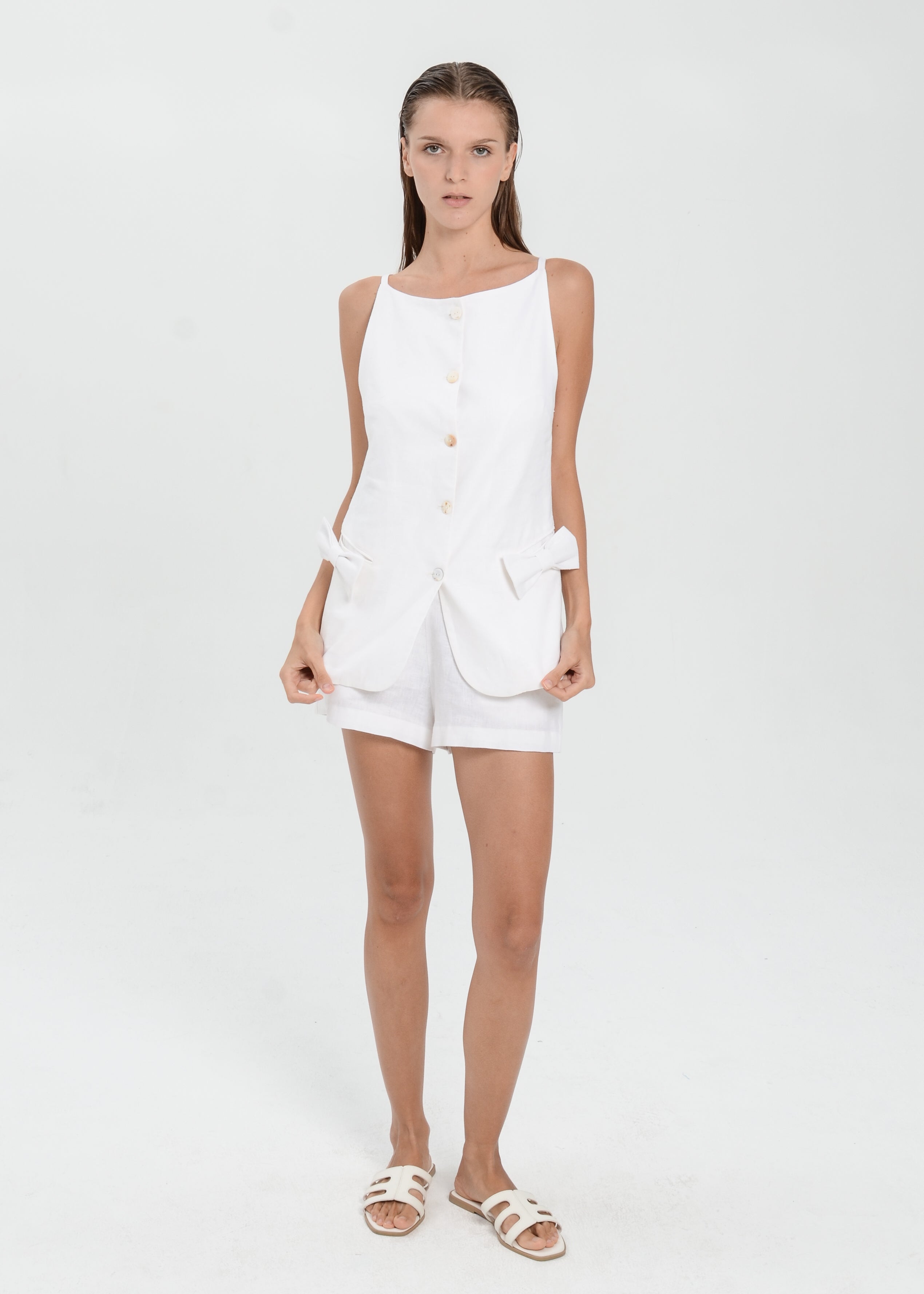 The Essence Linen Set - Mini Short Pants with Ribbon Pocket Vest