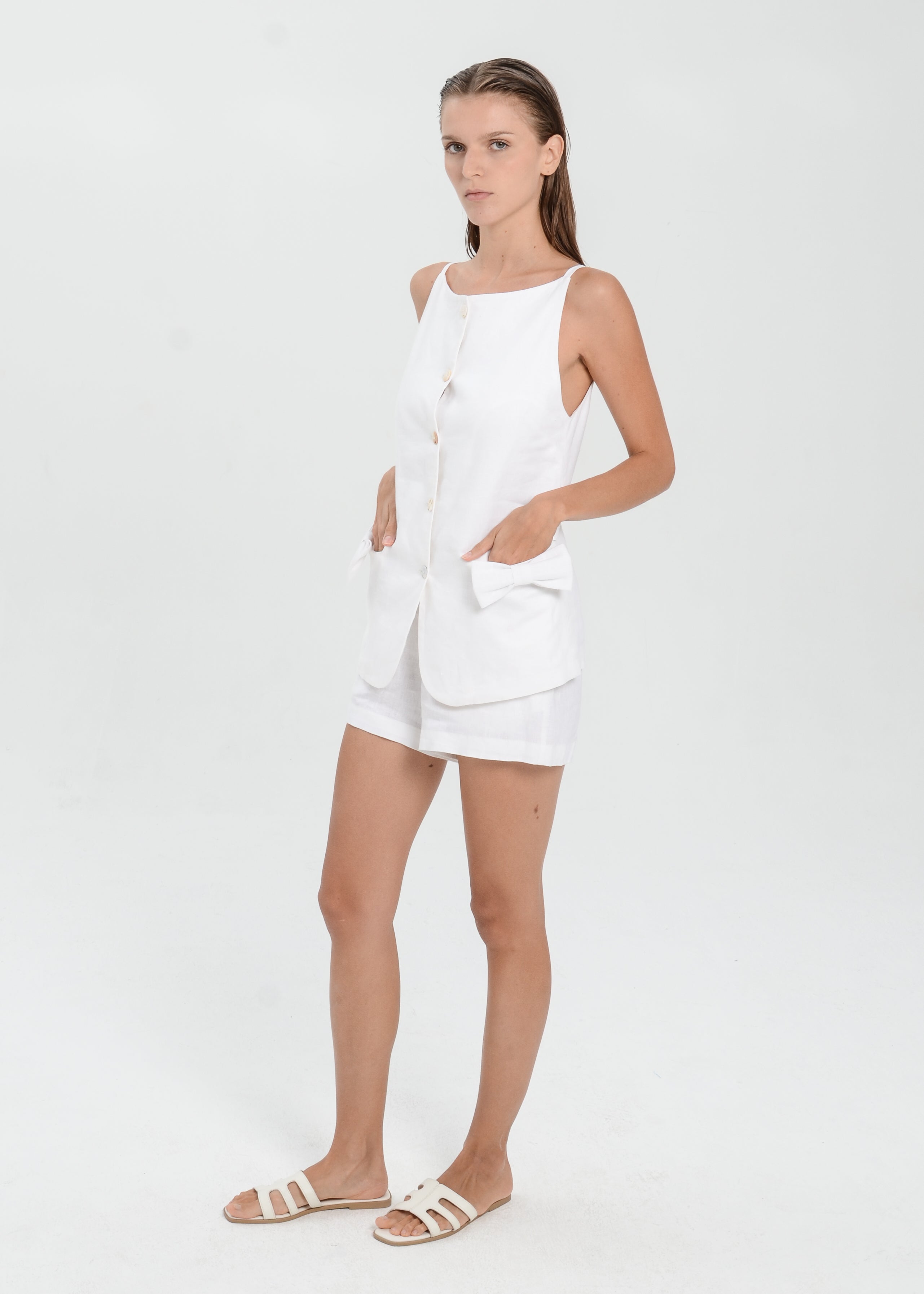 The Essence Linen Set - Mini Short Pants with Ribbon Pocket Vest