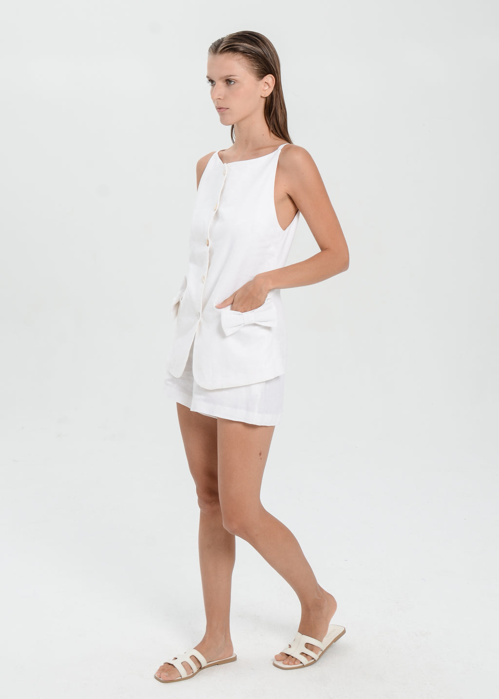 The Essence Linen Set - Mini Short Pants with Ribbon Pocket Vest