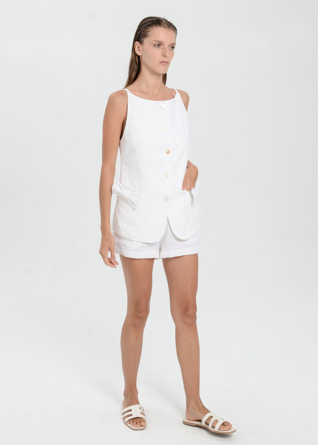 The Essence Linen Set - Mini Short Pants with Ribbon Pocket Vest
