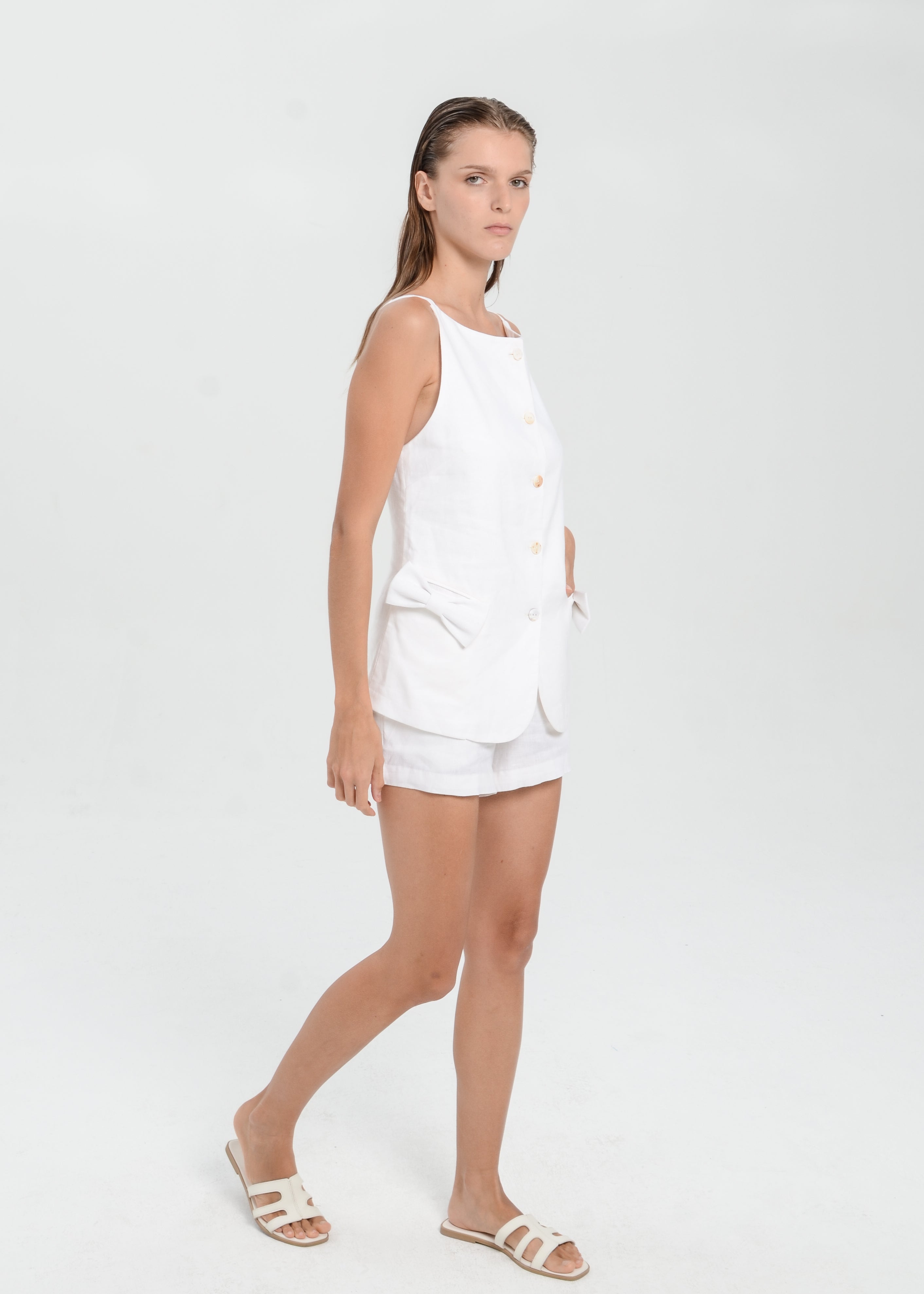 The Essence Linen Set - Mini Short Pants with Ribbon Pocket Vest