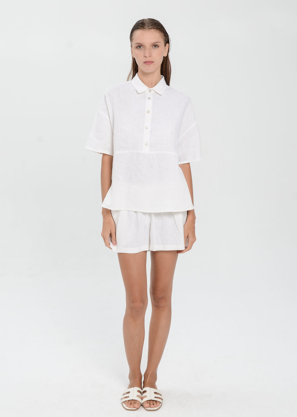 The Essence Linen Set - Collared Polo Blouse with Elastic Mini Short