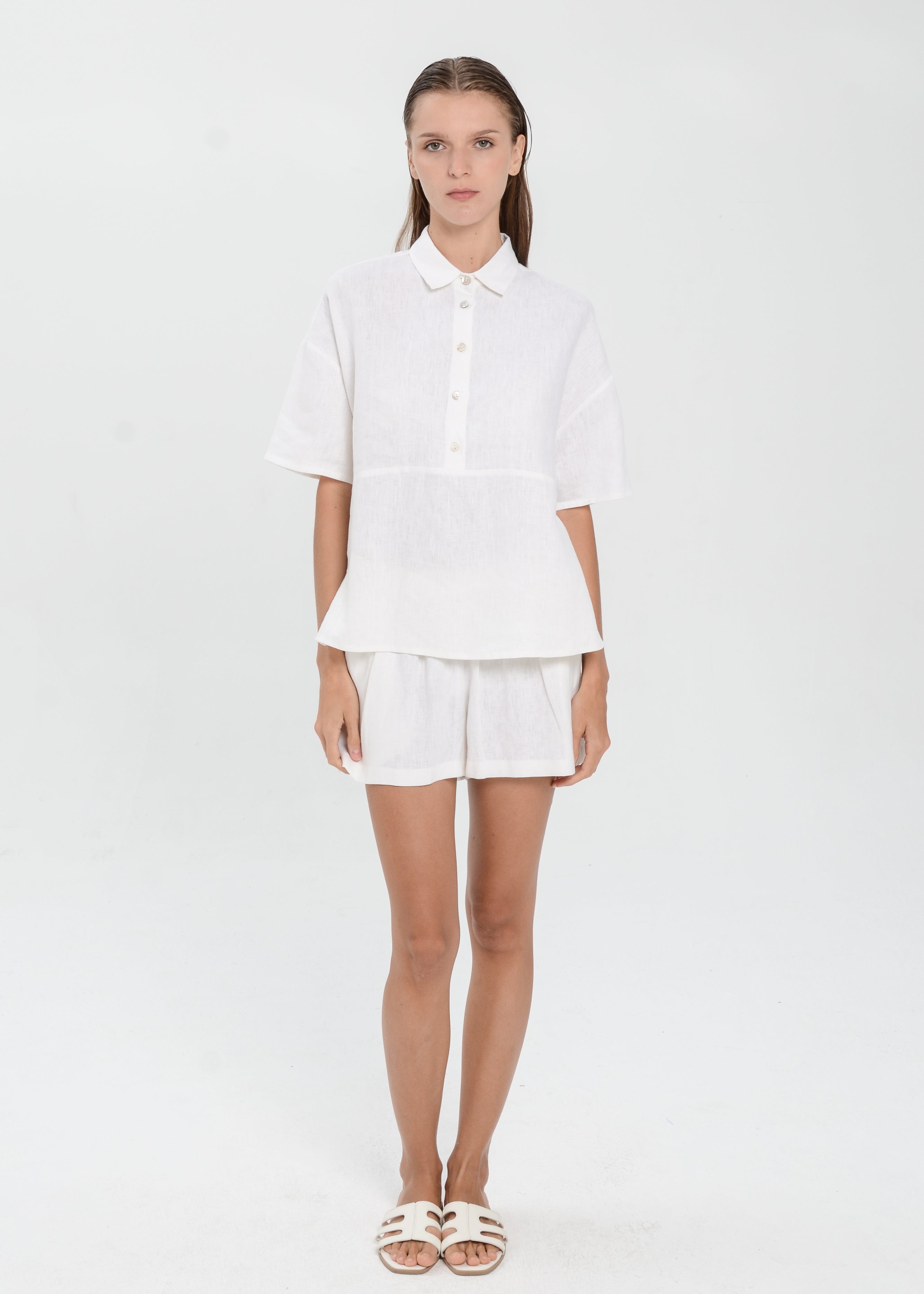 The Essence Linen Set - Collared Polo Blouse with Elastic Mini Short