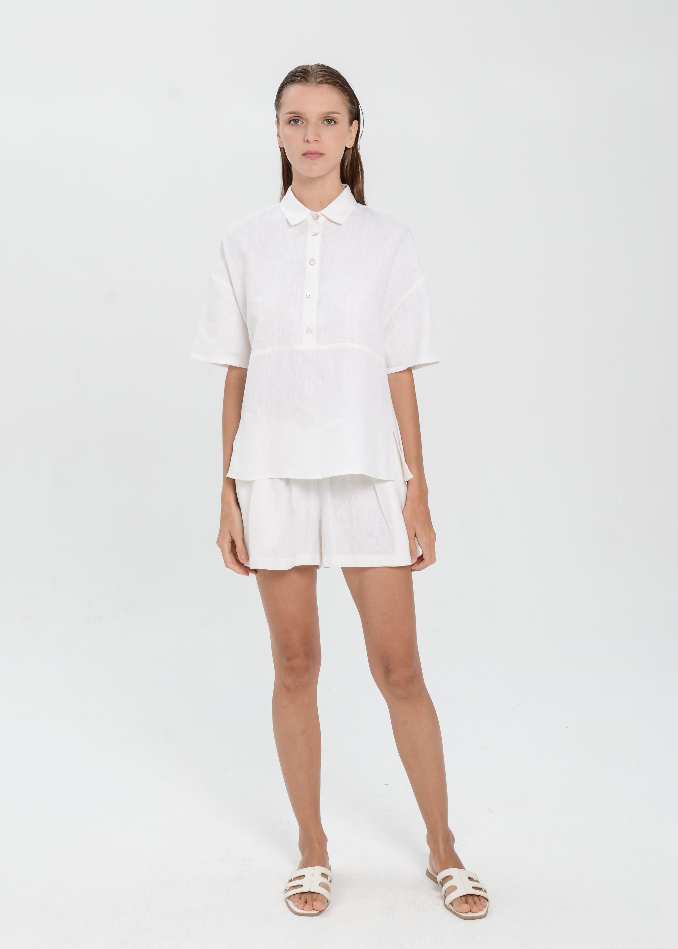 The Essence Linen Set - Collared Polo Blouse with Elastic Mini Short