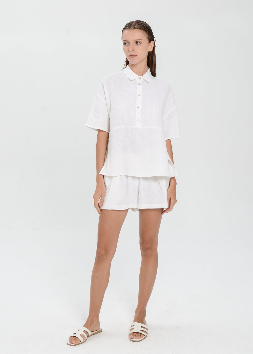 The Essence Linen Set - Collared Polo Blouse with Elastic Mini Short