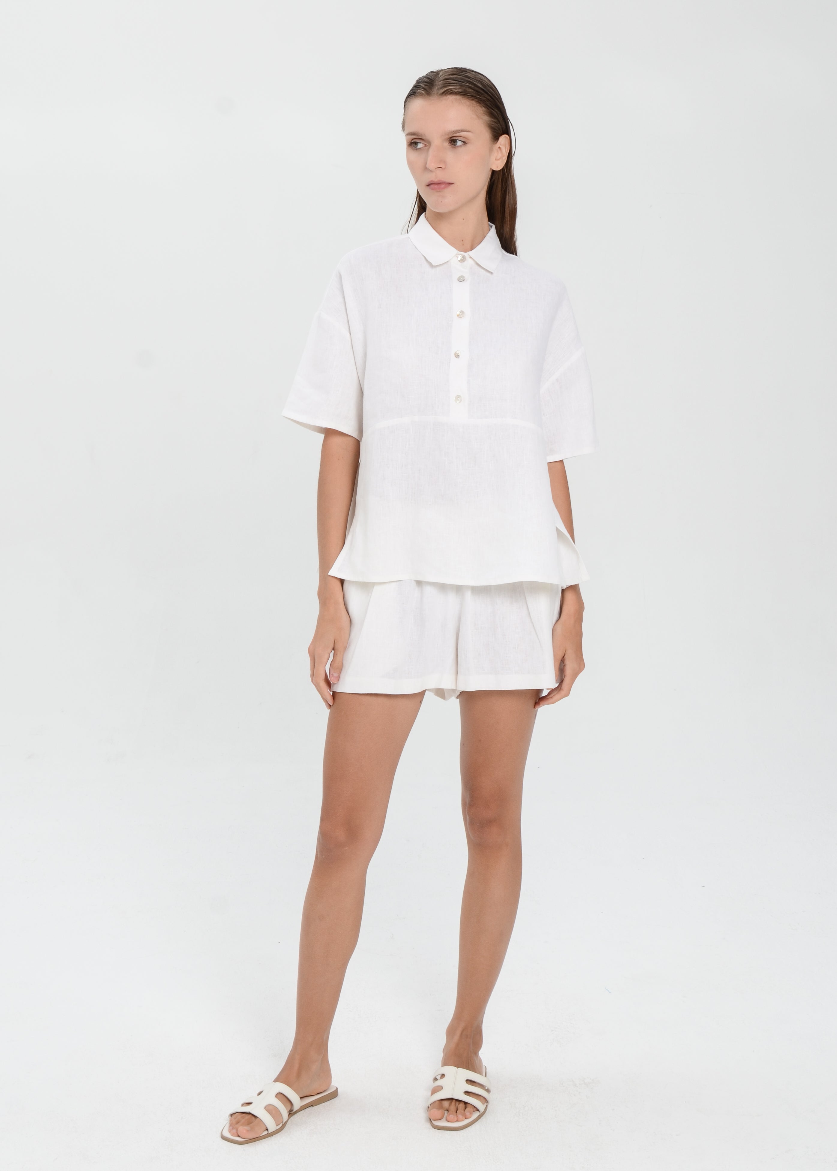 The Essence Linen Set - Collared Polo Blouse with Elastic Mini Short