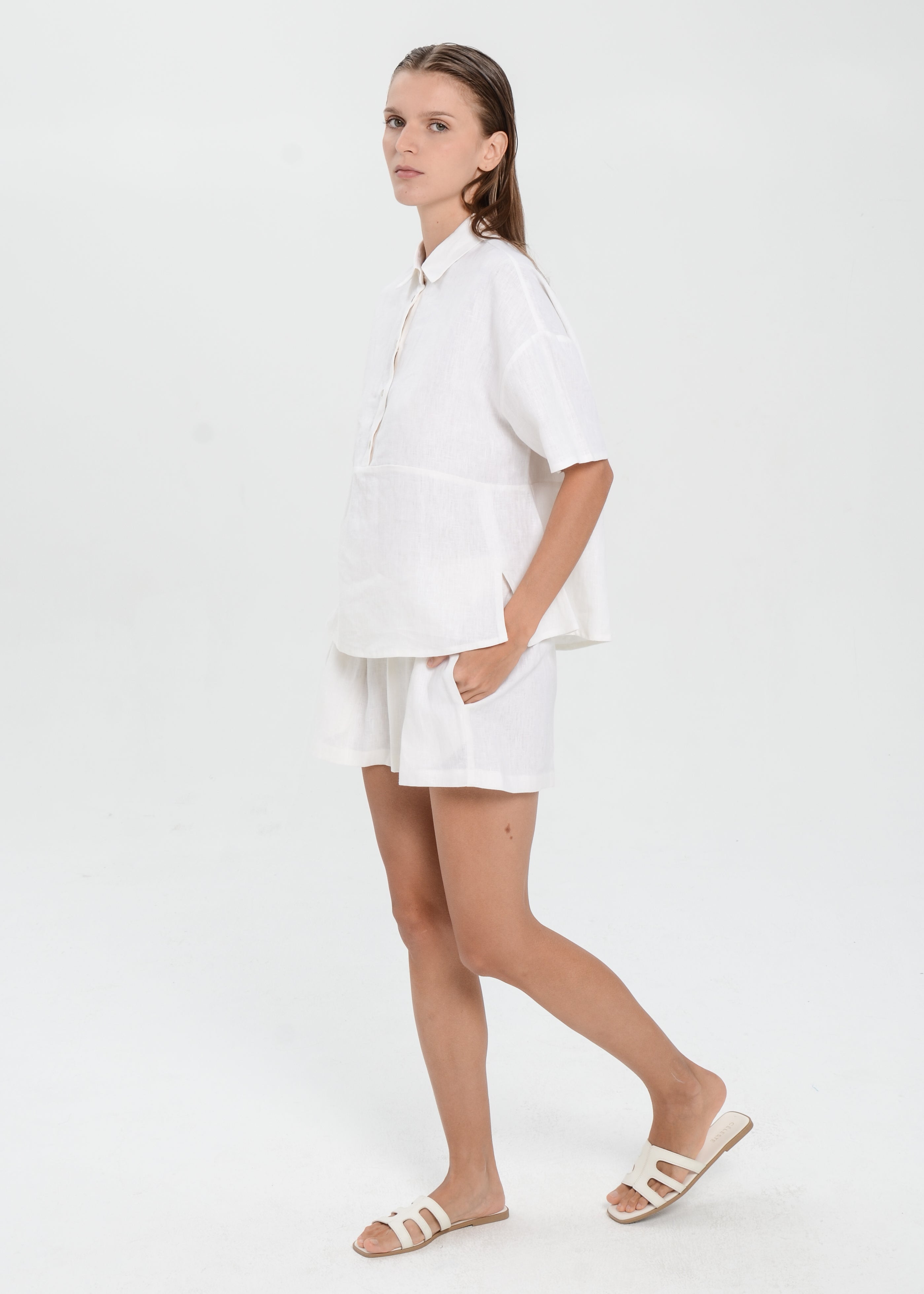 The Essence Linen Set - Collared Polo Blouse with Elastic Mini Short