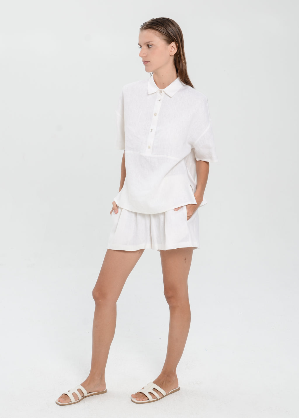 The Essence Linen Set - Collared Polo Blouse with Elastic Mini Short