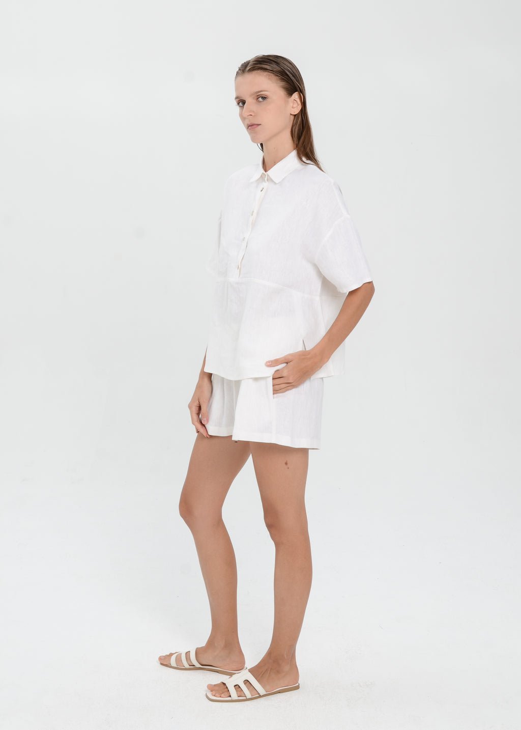 The Essence Linen Set - Collared Polo Blouse with Elastic Mini Short