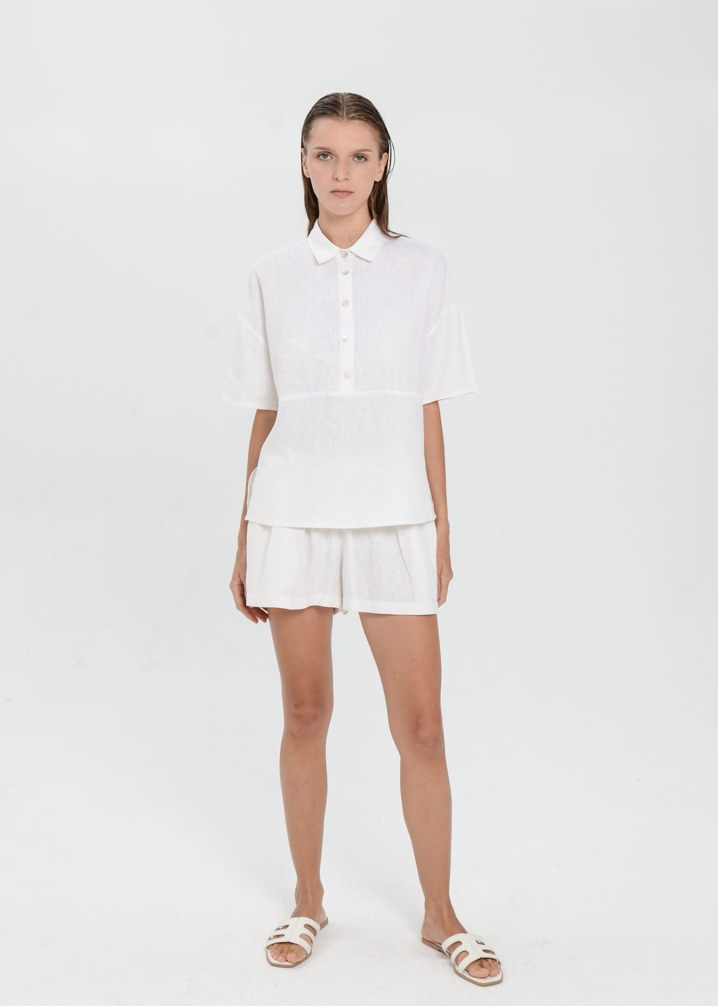 The Essence Linen Set - Collared Polo Blouse with Elastic Mini Short