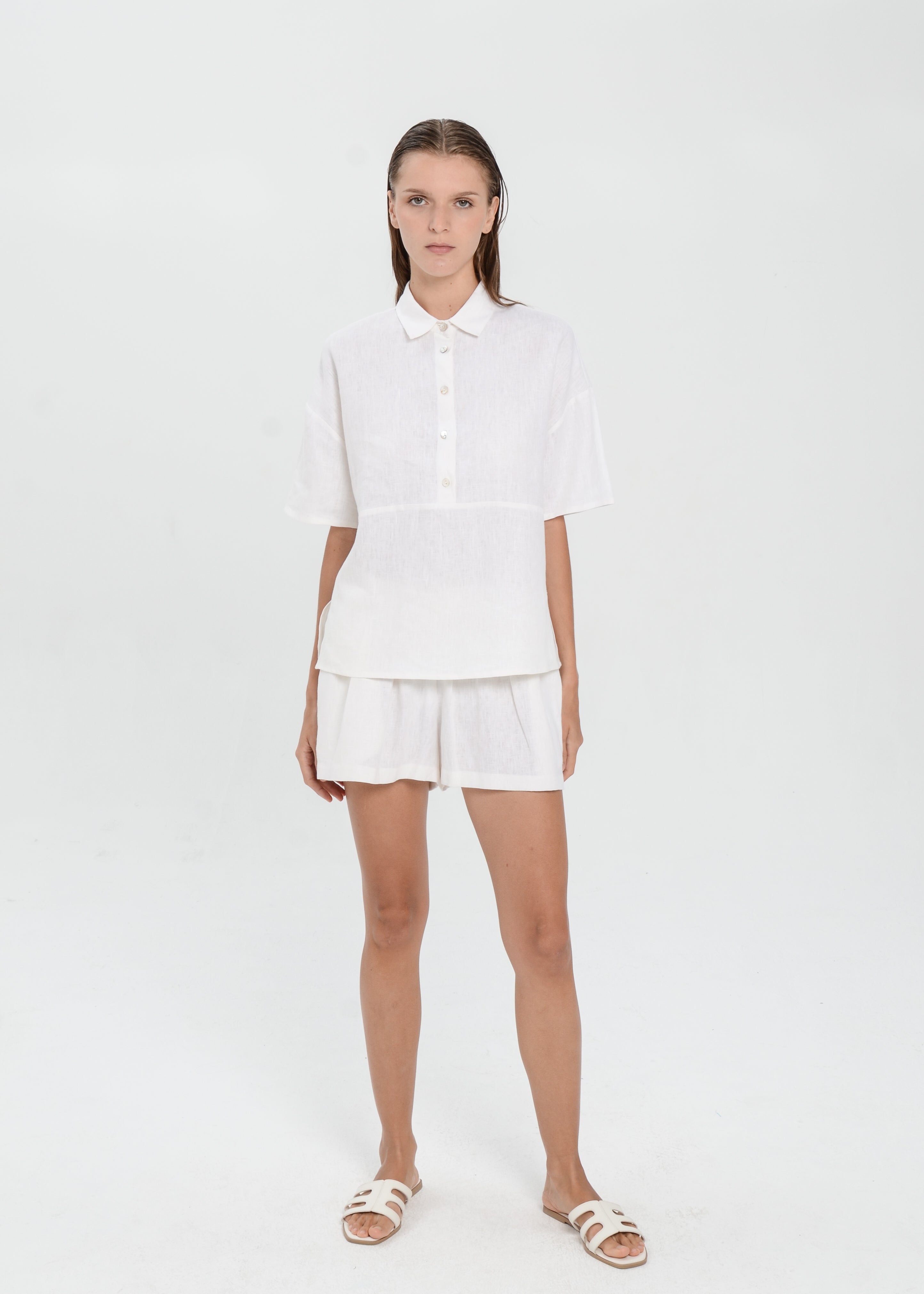 The Essence Linen Set - Collared Polo Blouse with Elastic Mini Short