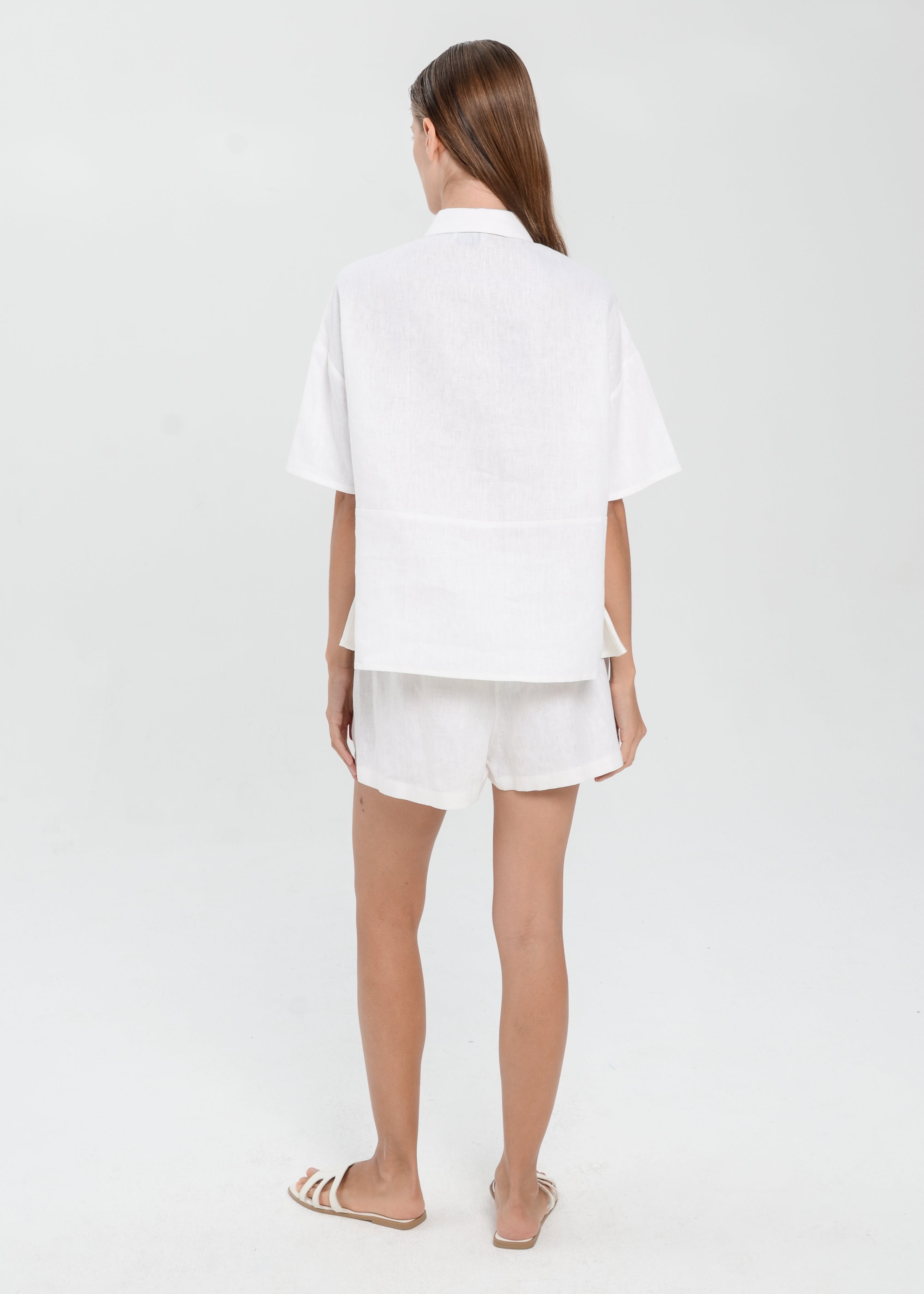 The Essence Linen Set - Collared Polo Blouse with Elastic Mini Short