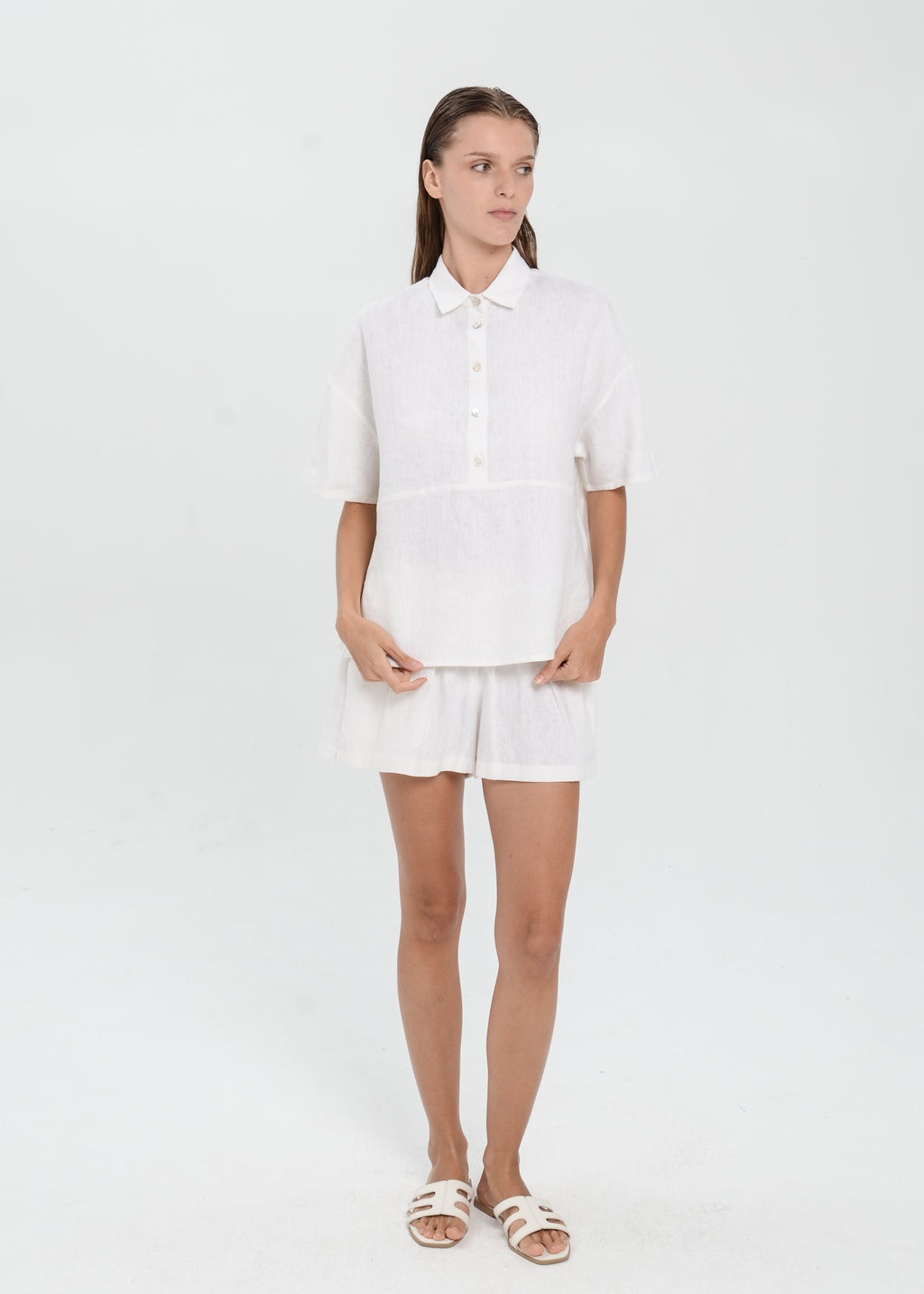 The Essence Linen Set - Collared Polo Blouse with Elastic Mini Short